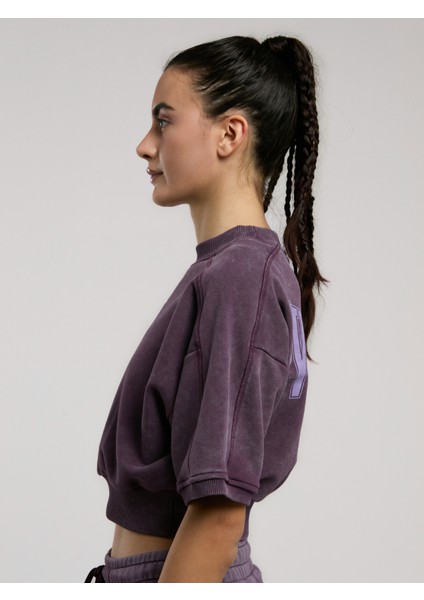 Bronx 1910 Oversize Mor Crop Kadın Kısa Kollu Sweatshirt modelleri