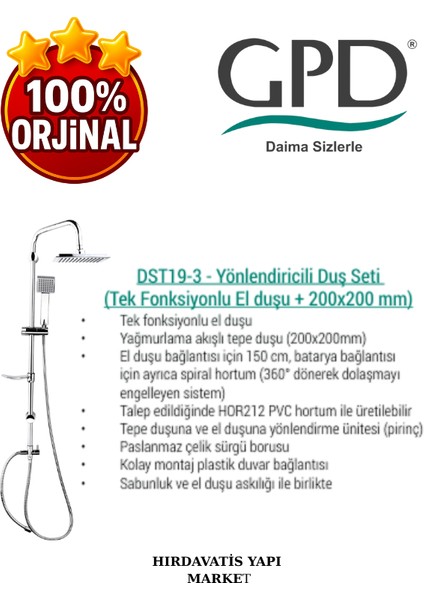 DST19-3 Yönlendiricili Duş Seti (Tek Fonksiyonlu El Duşu + 200X200) fırsatları