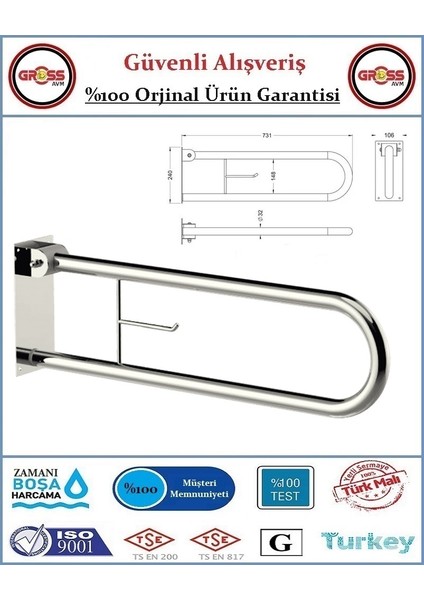 Mafsallı Engelli Tutunma Barı - Bedensel Engelli Tutunma Barı -73X23
