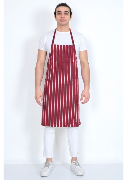 Bordo Beyaz Çizgili Unisex Aşçı Önlüğü, Gabardin Kumaş, Cepli, Boydan Tasarım