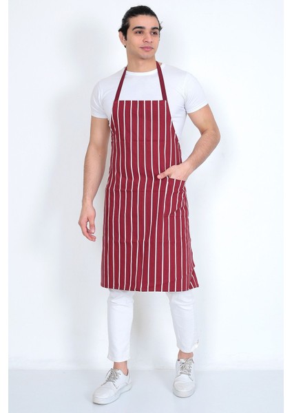 Bordo Beyaz Çizgili Unisex Aşçı Önlüğü, Gabardin Kumaş, Cepli, Boydan Tasarım fiyatları