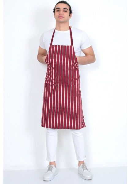Bordo Beyaz Çizgili Unisex Aşçı Önlüğü, Gabardin Kumaş, Cepli, Boydan Tasarım modelleri