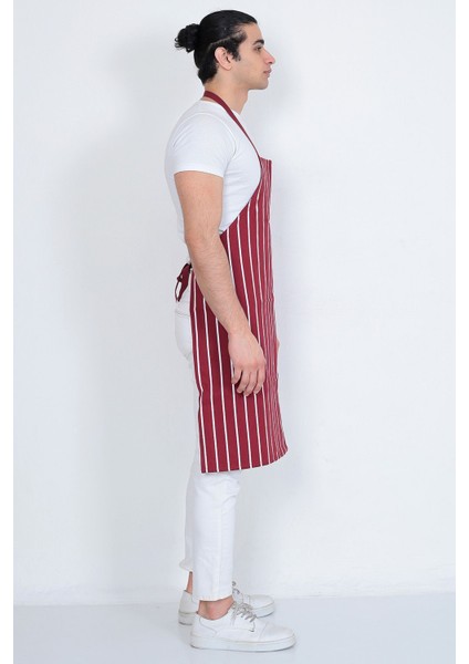 Bordo Beyaz Çizgili Unisex Aşçı Önlüğü, Gabardin Kumaş, Cepli, Boydan Tasarım fırsatları