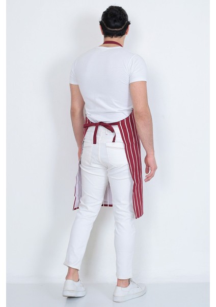 Bordo Beyaz Çizgili Unisex Aşçı Önlüğü, Gabardin Kumaş, Cepli, Boydan Tasarım indirimleri