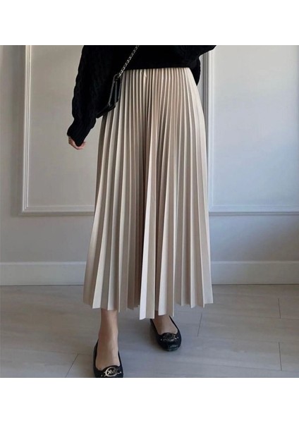 Kadın Yüksek Bel Pileli Midi Etek