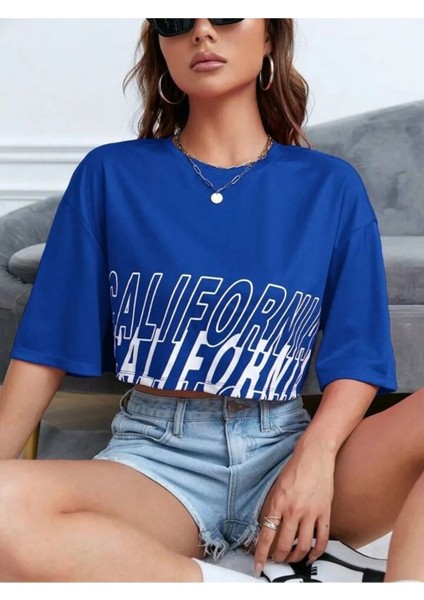 Kadın California Baskılı Oversize Crop T-Shirt