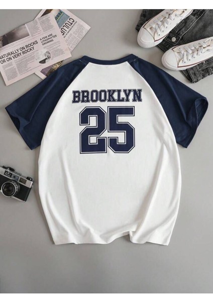Unisex Brooklyn 25 Baskılı Kolları Renkli Oversize T-Shirt