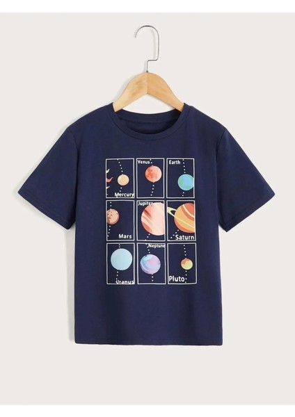 Kare 9 Gezegen Baskılı Oversize Bisiklet Yaka Pamuklu Çocuk T-Shirt