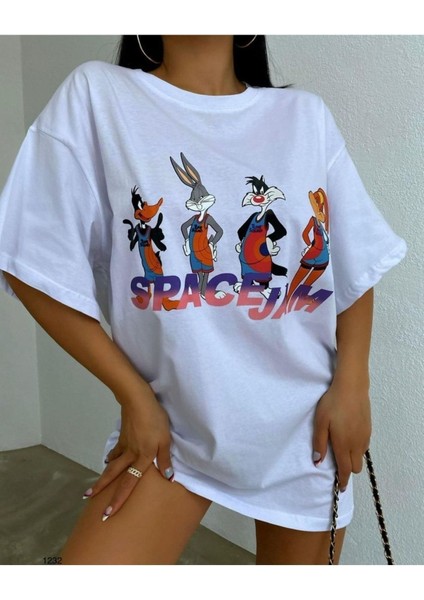 Space Jam Uzay Basket Takımı Baskılı Oversize Bisiklet Yaka T-Shirt