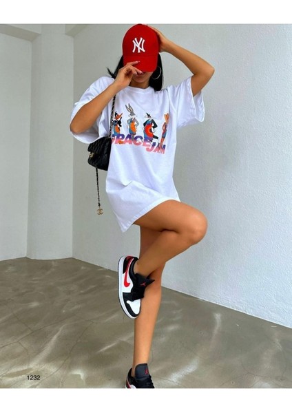 Space Jam Uzay Basket Takımı Baskılı Oversize Bisiklet Yaka T-Shirt modelleri