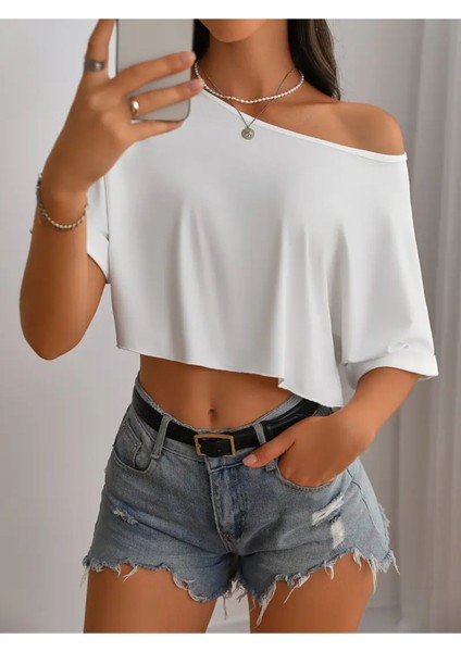 Kadın Düşük Omuz Kayık Yaka T-Shirt Crop