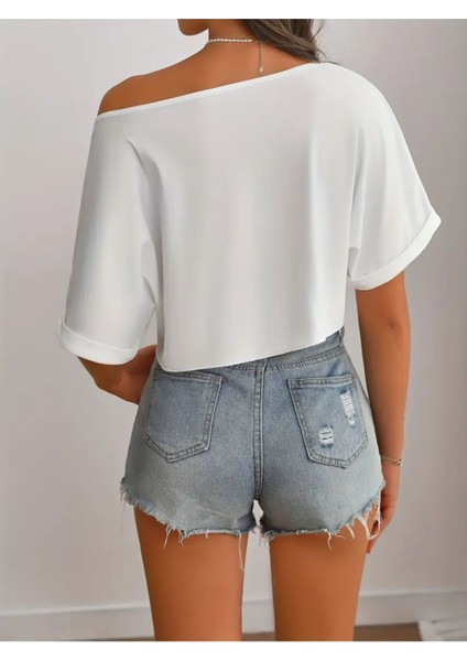 Kadın Düşük Omuz Kayık Yaka T-Shirt Crop fiyatları