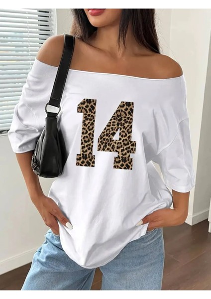 Kadın Kayık Yaka 14 Baskılı Oversize %100 Pamuk T-Shirt