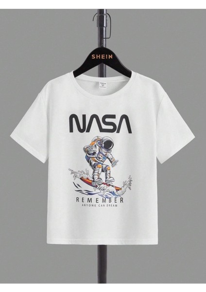 Kids Remember Nasa Atoronot Baskılı Oversize Bisiklet Yaka Çocuk T-Shirt