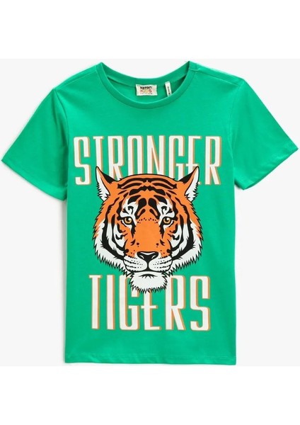 Yeşil Stronger Tiger Baskılı Oversize Çocuk T-Shirt