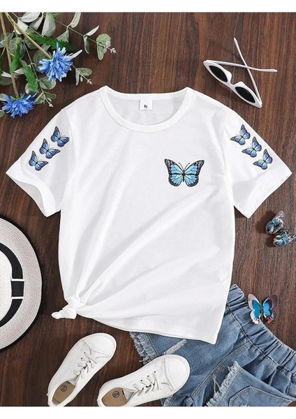 Beyaz Mavi Kelebek Butterfly Baskılı Çocuk T-Shirt