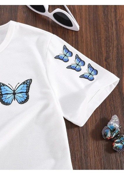 Beyaz Mavi Kelebek Butterfly Baskılı Çocuk T-Shirt fiyatları