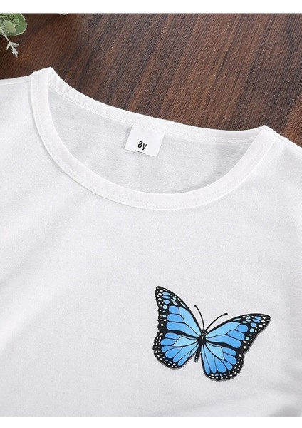 Beyaz Mavi Kelebek Butterfly Baskılı Çocuk T-Shirt modelleri