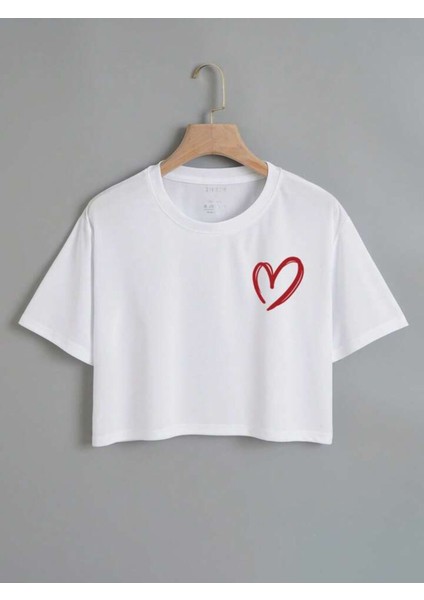 Çocuk Kalp Baskılı Oversize Crop T-Shirt