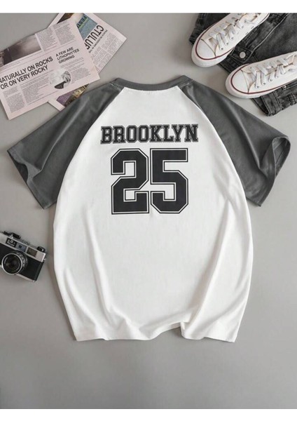 Unisex Brooklyn 25 Baskılı Kolları Renkli Oversize T-Shirt