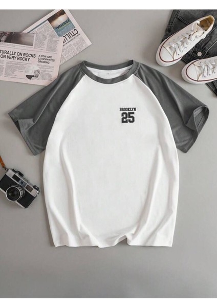Unisex Brooklyn 25 Baskılı Kolları Renkli Oversize T-Shirt fiyatları