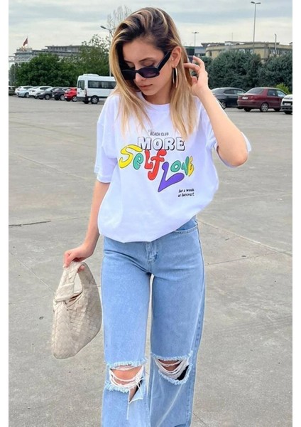Renkli Self Love Baskılı Oversize Bisiklet Yaka T-Shirt
