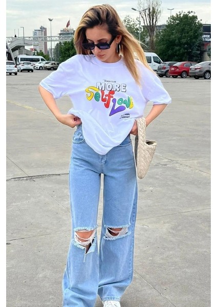 Renkli Self Love Baskılı Oversize Bisiklet Yaka T-Shirt modelleri