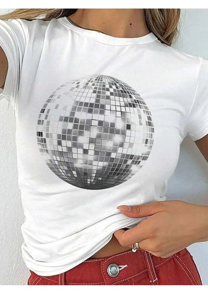 Kadın Beyaz Disco Top Baskılı Oversize Bisiklet Yaka Tshirt
