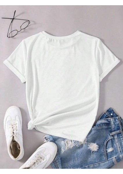 Kadın Beyaz Disco Top Baskılı Oversize Bisiklet Yaka Tshirt modelleri