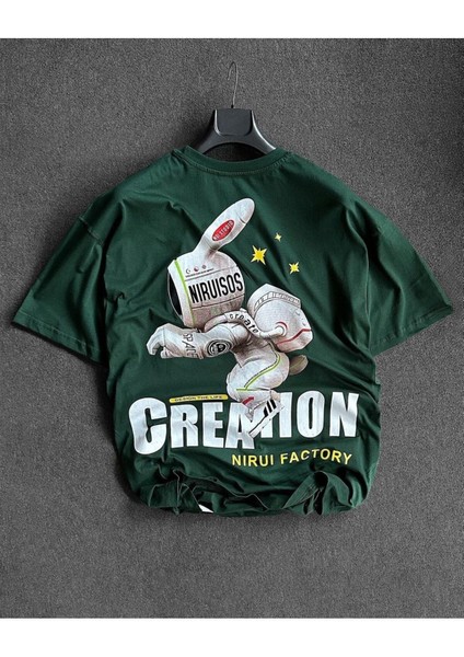 Niruisos Astronot Tavşan Baskılı Oversize Bisiklet Yaka T-Shirt
