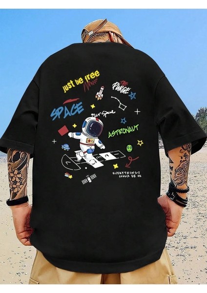 Just Be Free Galaxy Astronot V2 Baskılı Oversize Bisiklet Yaka T-Shirt