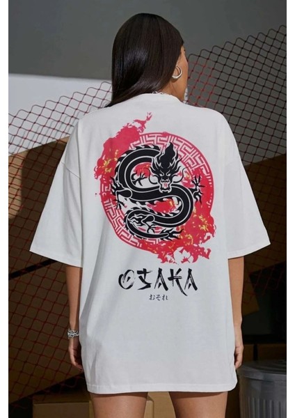 Beyaz 'osaka Dragon Japonca' Baskılı Oversize Kadın T-Shirt