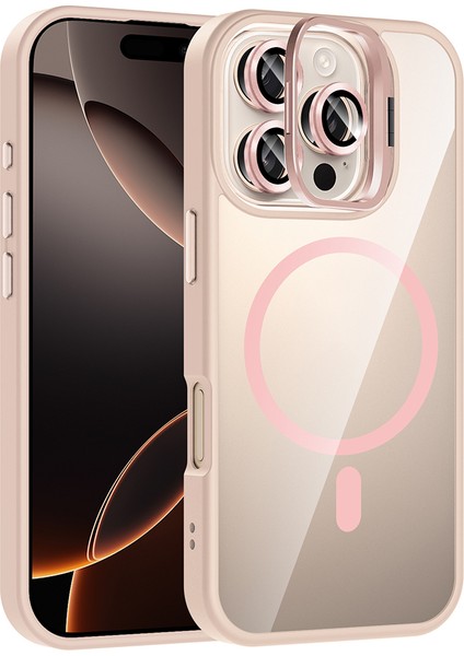 iPhone 16 Pro Kılıf Standlı ve Kamera Lens Hediyeli M-Safe Şarj Özellikli Arth Etro Kapak - Pembe