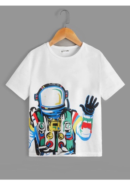 Hello Astronot Baskılı Oversize Bisiklet Yaka Beyaz Çocuk T-Shirt