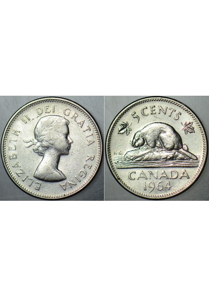 Kanada 5 Cent 1964 Kraliçe Iı. Elizabeth Genç Büst. 21,2 mm