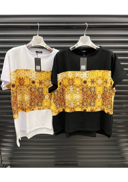 Renkli Desenli Oversize Tişört – Beyaz & Siyah Seçenekli