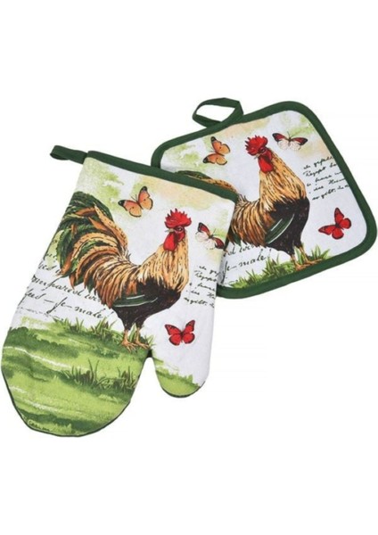 Renkli Horoz ve Kelebek Desenli Fırın Eldiveni ve Tutacak Seti, Pamuklu, 2 Parça