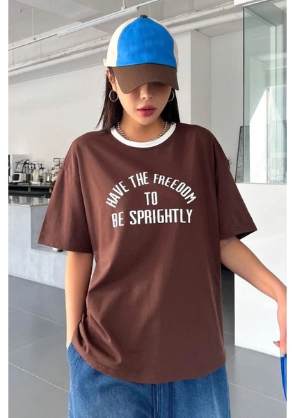 Büyük Beden Kahve Yaka Beyaz Freedom Baskılı Oversize Bisiklet Yaka T-Shirt