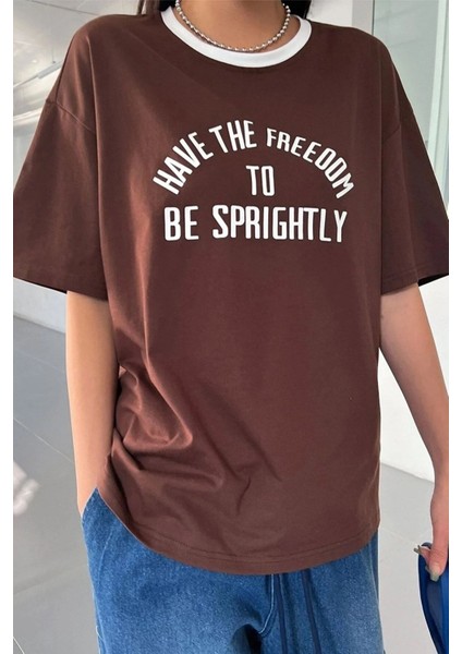 Büyük Beden Kahve Yaka Beyaz Freedom Baskılı Oversize Bisiklet Yaka T-Shirt modelleri