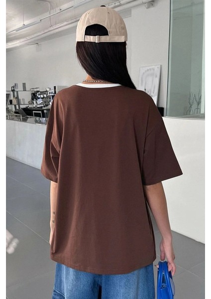 Büyük Beden Kahve Yaka Beyaz Freedom Baskılı Oversize Bisiklet Yaka T-Shirt indirimleri