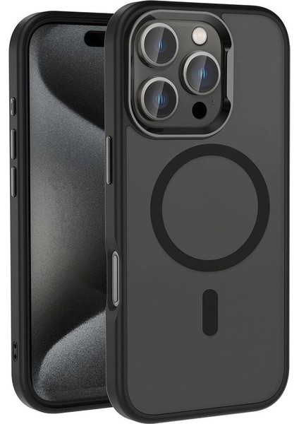 Apple iPhone 16 Pro Max Kılıf Magsafe Şarj Özellikli Parlak Kamera Çerçeveli Mtsc Kost Kapak-Siyah