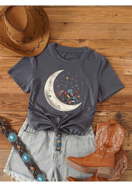 Büyük Beden Flower Moon Baskılı Bisiklet Yaka Oversize T-Shirt