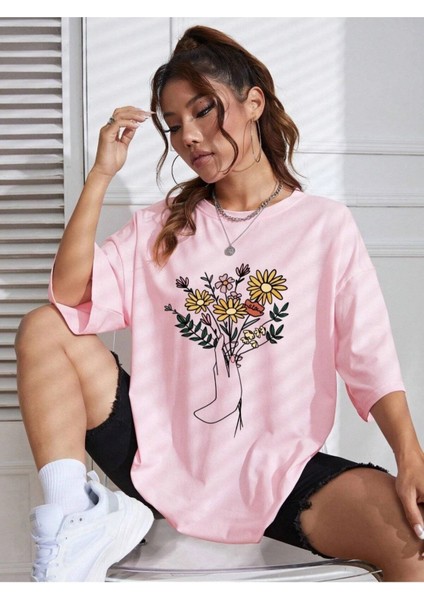 Büyük Beden El Çiçek Buketi Baskılı Oversize Bisiklet Yaka T-Shirt
