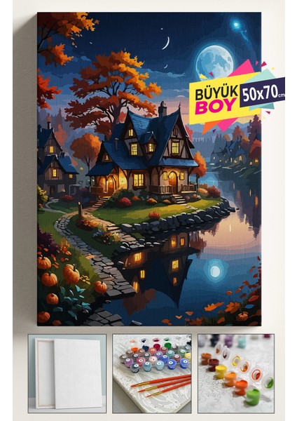 Sayılarla Boyama Çerçeveli Hobi Seti Numaralı Tuval Fırça Boya Dahil Kasnaklı 50x70 cm Ayışığı Göl