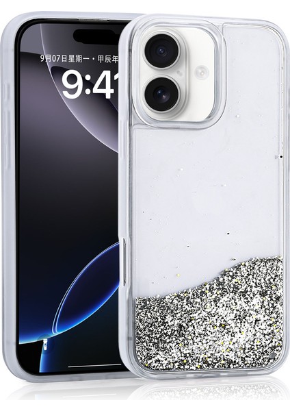 iPhone 16 Uyumlu Kılıf Sıvılı Simli Şeffaf Arka Yüzey Arth Keto Silikon Kapak-Gümüş