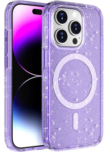 Apple iPhone 15 Pro Kılıf Magsafe Şarj Özellikli Parlayan Simli Saydam Renkli Mtsc Allstar Kapak-Mor