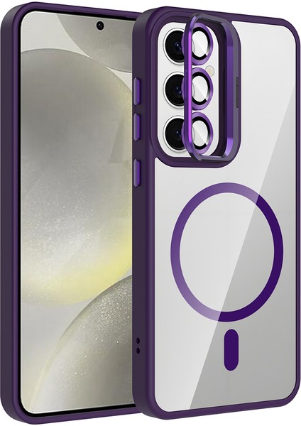 Galaxy S24 Kılıf Standlı ve Kamera Lens Hediyeli M-Safe Şarj Özellikli Arth Etro Kapak - Derin Mor
