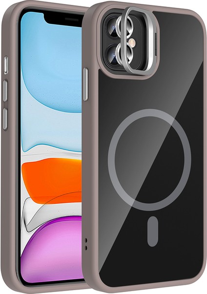iPhone 11 Kılıf Standlı ve Kamera Lens Hediyeli M-Safe Şarj Özellikli Arth Etro Kapak - Gri