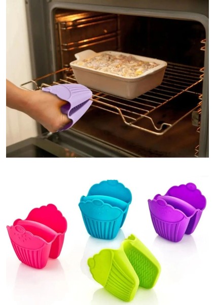 2'li Yanmaz Silikon Fırın Eldiven ve Tencere Tava Tutacağı Seti