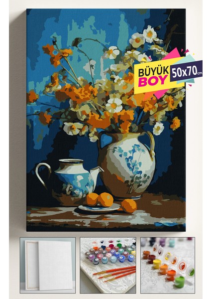 Sayılarla Boyama Çerçeveli Hobi Seti Numaralı Tuval Fırça Boya Dahil Kasnaklı 50x70 cm Çaydanlık Vazo